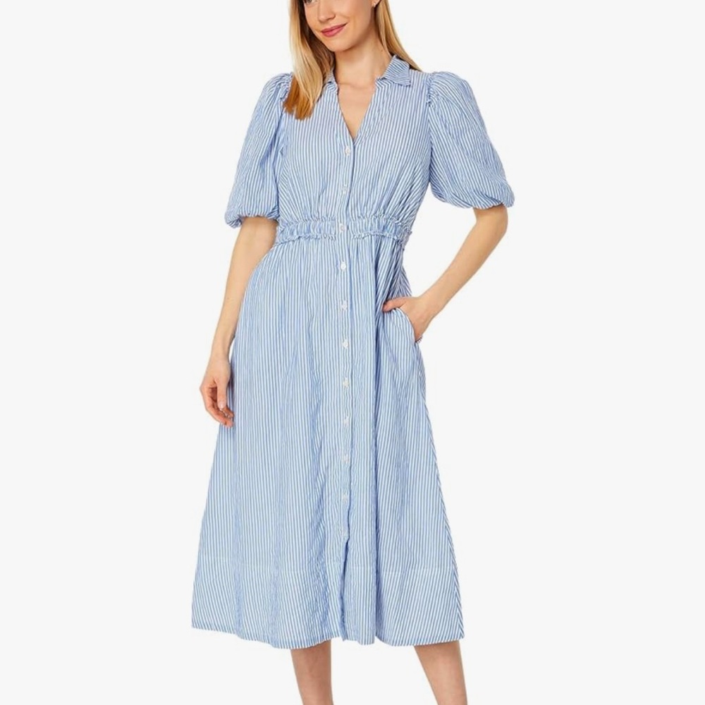 NWT Lilly Pulitzer Tassie Puff Sleeve Midi Dress Blue White Stripe 14